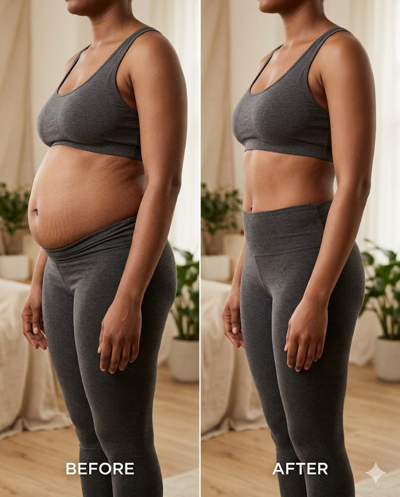 Nigerian mother before and after following the 21-Day Postpartum Belly Flatten Guide