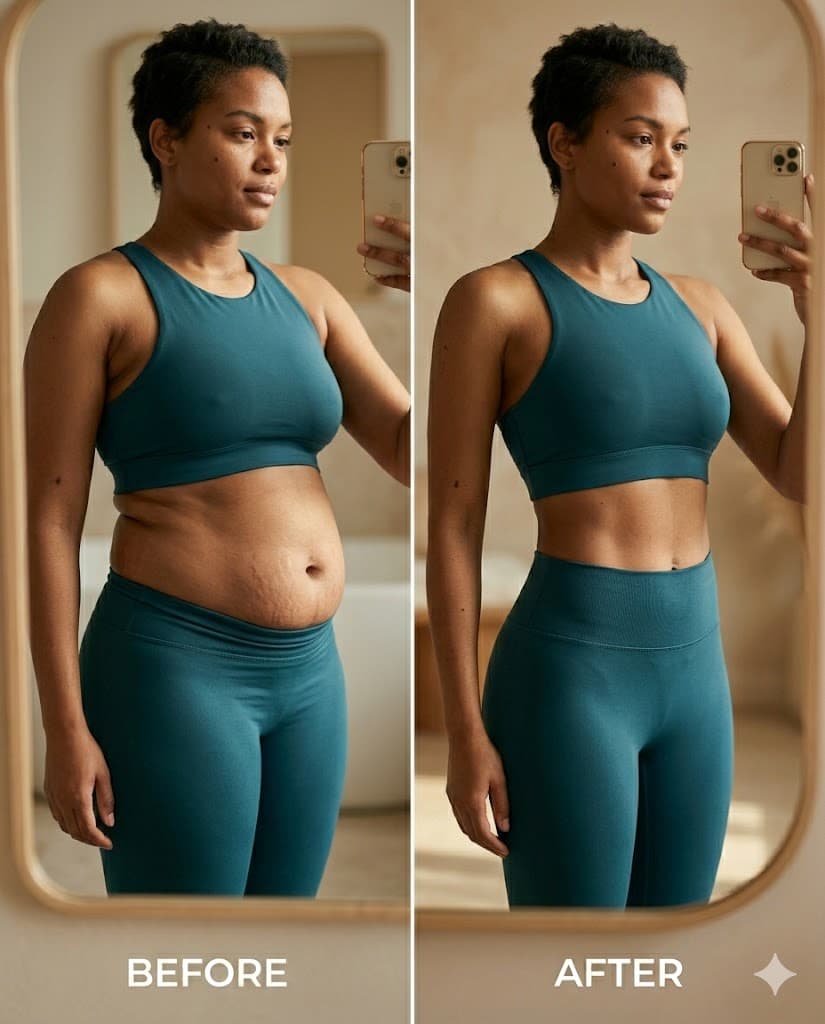 Nigerian mother transformation after the 21-Day Postpartum Belly Flatten Guide